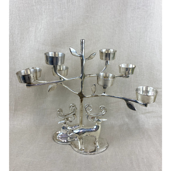 Large Silver Metal Reindeer Tealight Candle Holder Candelabra - Picture 1 of 8